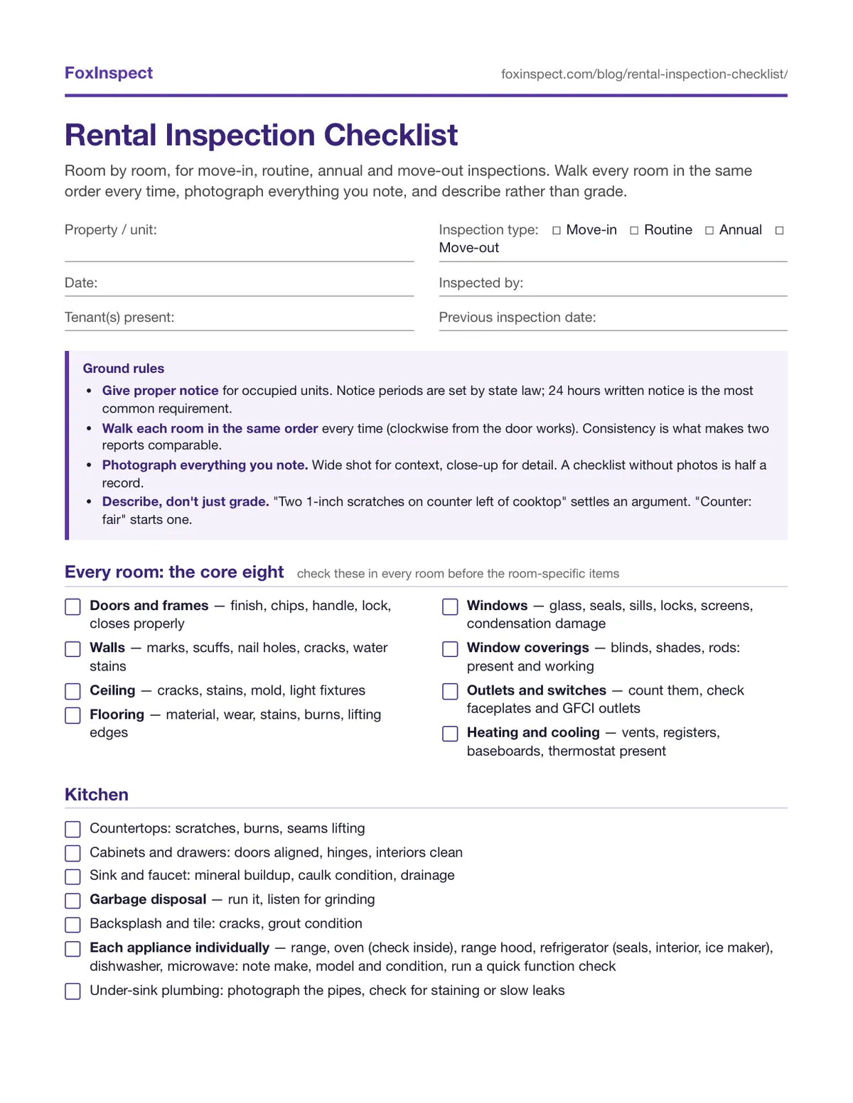 First page of the FoxInspect rental inspection checklist PDF: property and date fields, ground rules, the core eight items for every room, and the kitchen section with checkboxes